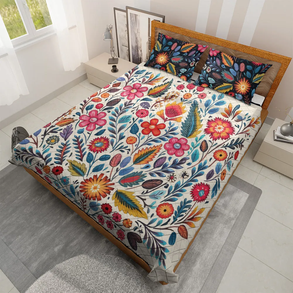 Quilted Bedding Set | Bright Colorful Vibrant Comforters | Floral Mexican Bedspreads with matching Pillowcase