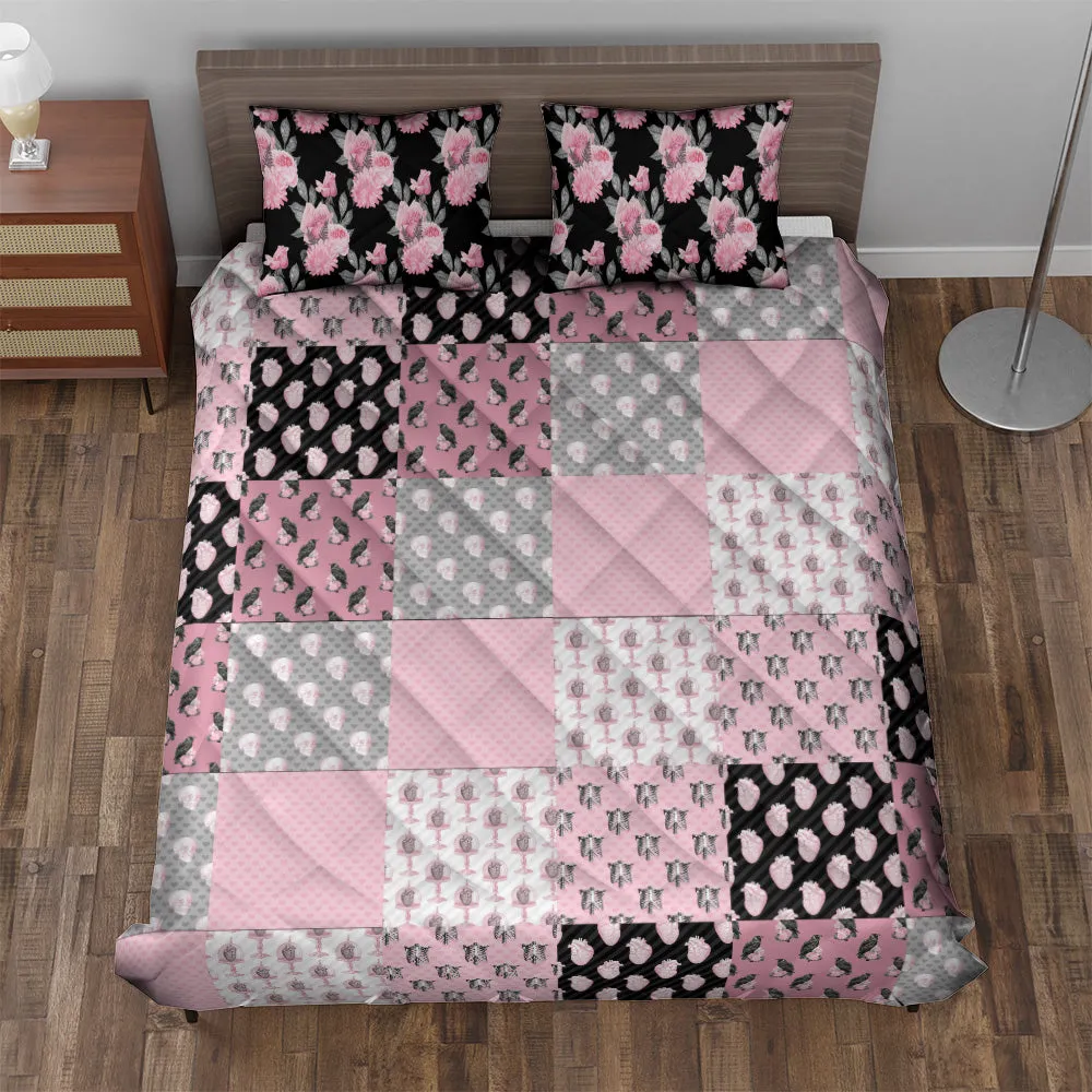 Quilted Bedding Set | Goth Pink Colorful Comforters | Bright Cute Halloween Bedspreads with matching Pillowcase