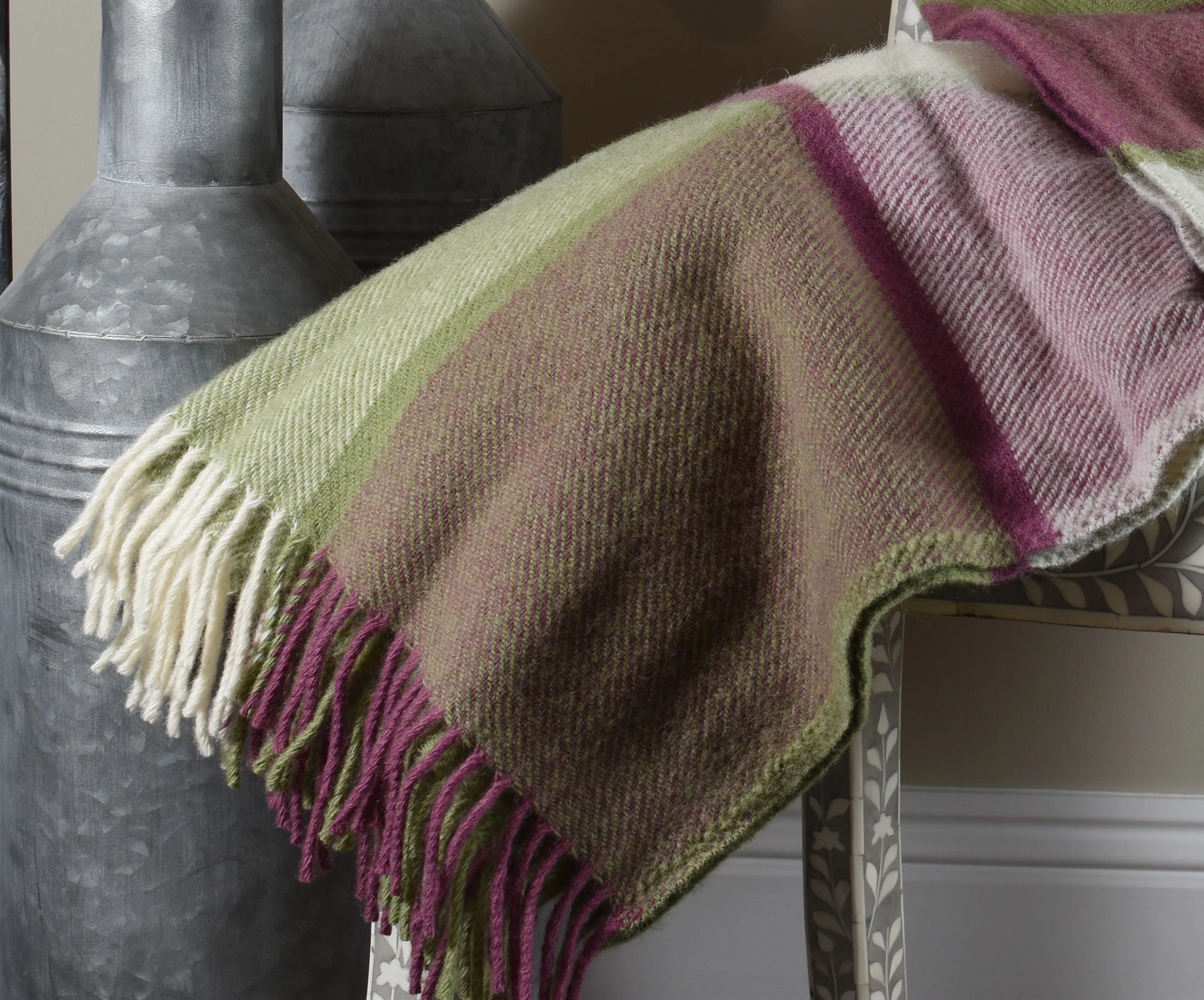 Raspberry, Olive and Cream Block Check Pure Wool Throw