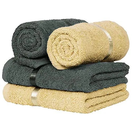 Story@Home 450 GSM Cotton Ultra Soft Super Absorbent Gym Hand Towel, Beige and Charcoal Grey, Set of 4