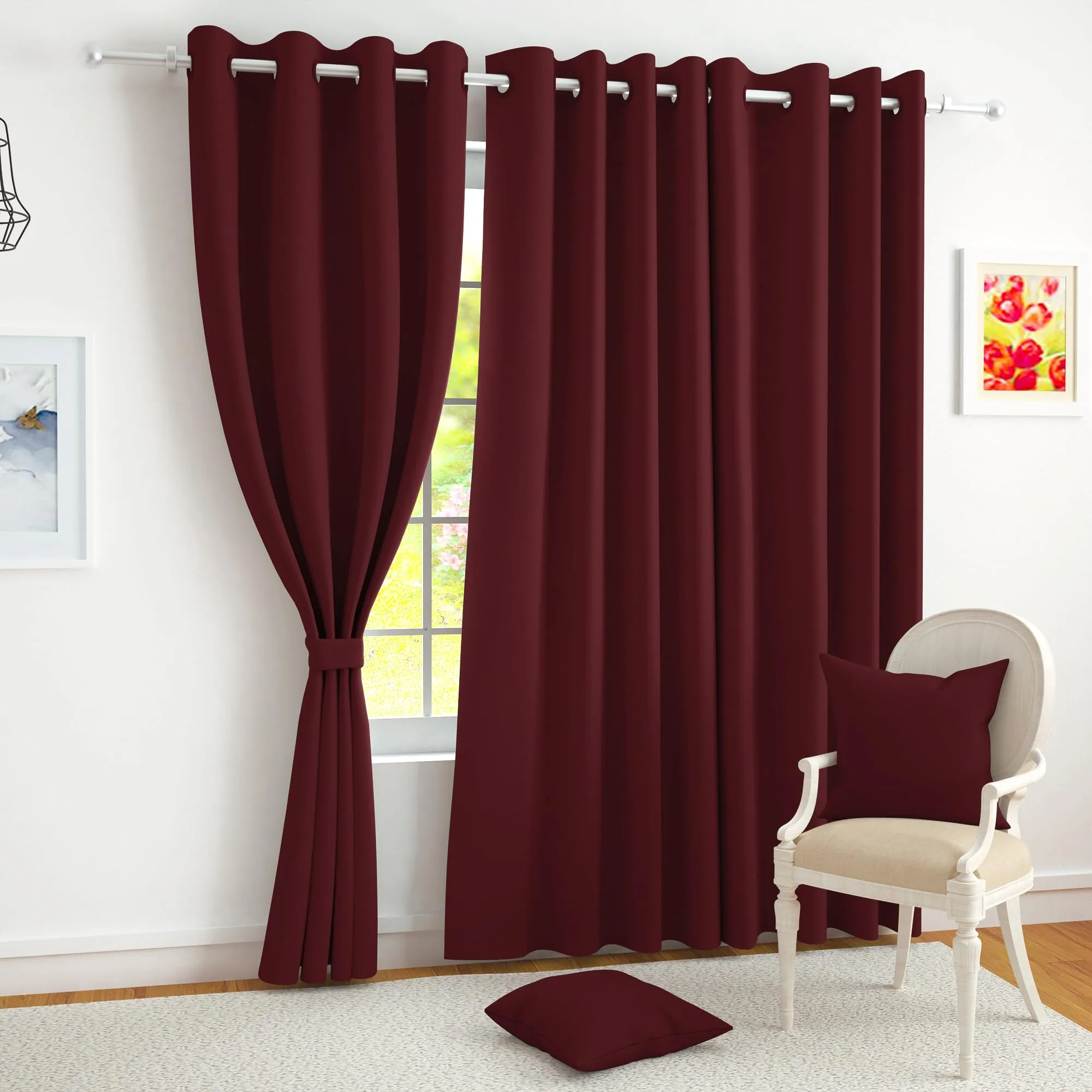 Story@Home Blackout Door Curtains 7 Feet Long Set of 2, Faux Silk, Thermal Insulated, Plain Design Blackout Curtains for Living Room, 116 X 215 cm, Maroon, 100% Opacity, Perfect for Festive Gifting